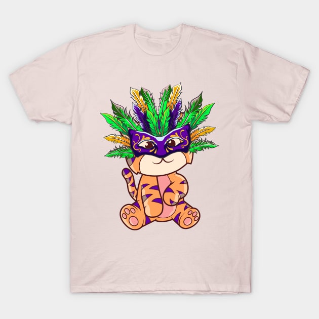 Mardi Gras with Cute Tiger Mardi Mask Beads Feathers T-Shirt by alcoshirts